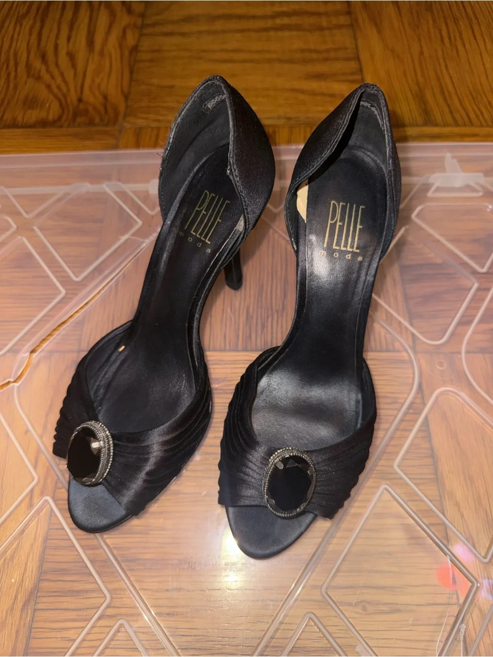 Pelle Moda Black Satin D'Orsay Peep-Toe Heels with Jewel Buckle